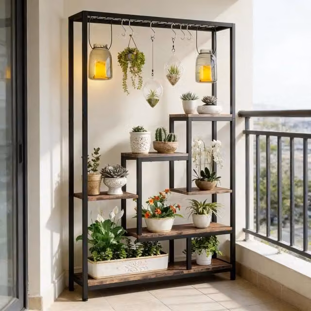 Portafiori REDOM con 7 ripiani in metallo e legno, stile rustico, Nero/Marrone opaco
