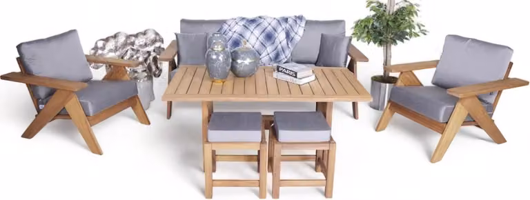 Gartenmöbel Set 6tlg Sitzgruppen 3+1+1 Sitzer Designer Esstisch Holz 2x Hocker
