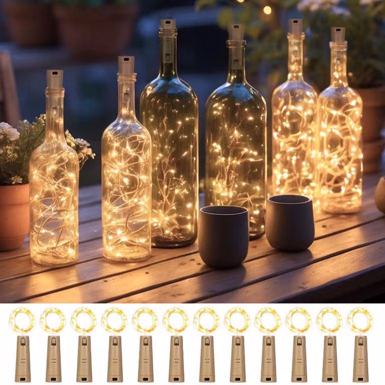 Catena luminosa a LED per bottiglie, 2 metri, 20 LED, luce bianco caldo, confezione da 12 pezzi