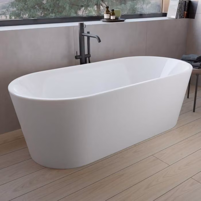 Vasca da bagno Valentina, forma ovale, autoportante, dimensioni 160 x 75 cm, con paraspruzzi e troppofilo nascosto
