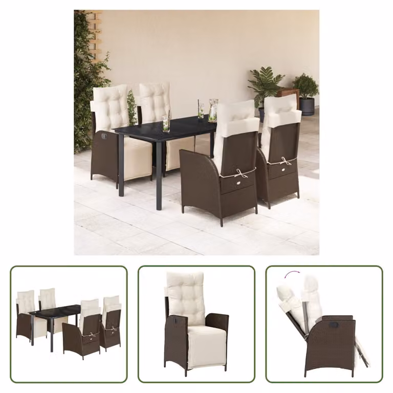 The Living Store Set da pranzo da giardino 5 pezzi con cuscini in polirattan marrone