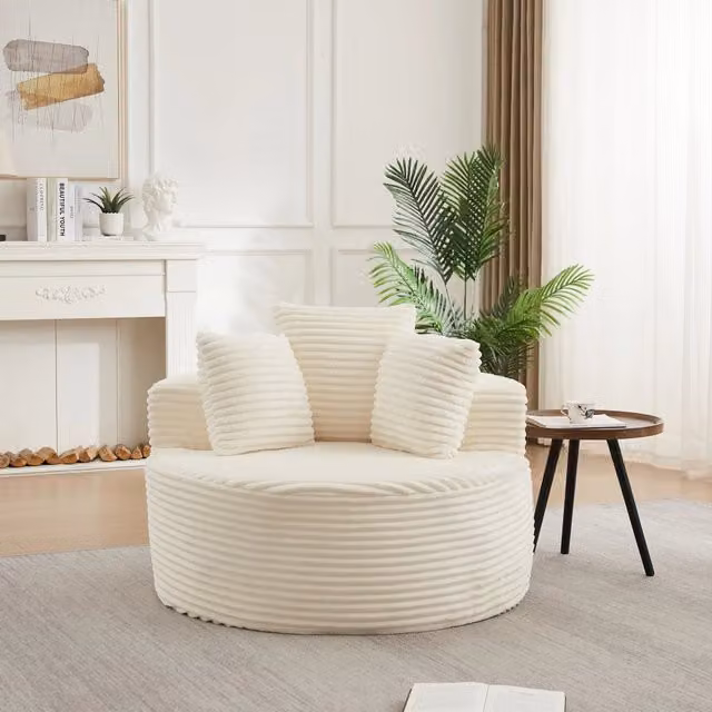 Poltrona lounge rotonda OKWISH in velluto a coste beige con braccioli e imbottitura mista, Diametro: 110 cm