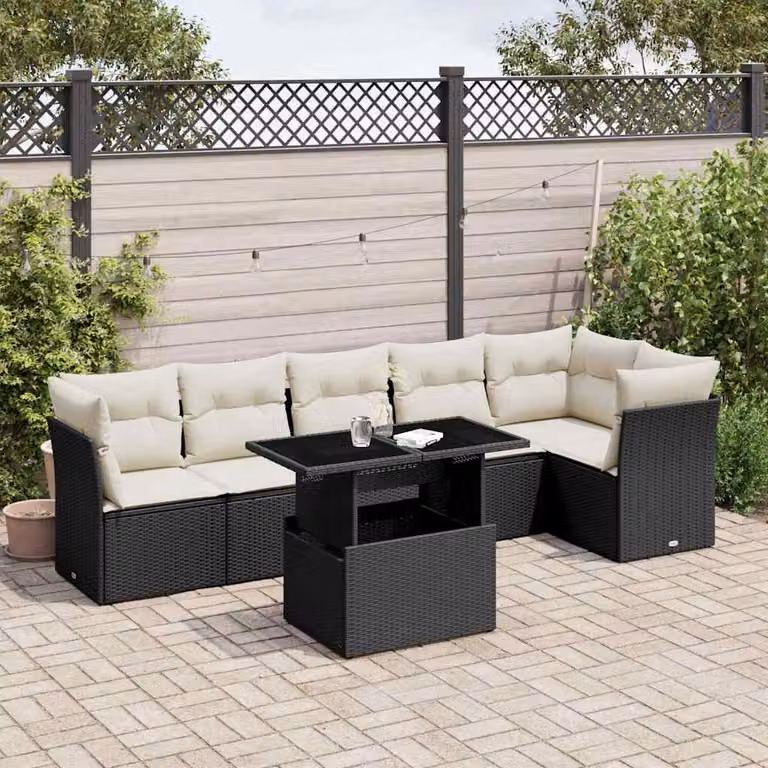 Set Divano da Giardino a L vidaXL con Cuscini e Tavolino, Struttura in Metallo e Polyrattan, Nero e Bianco