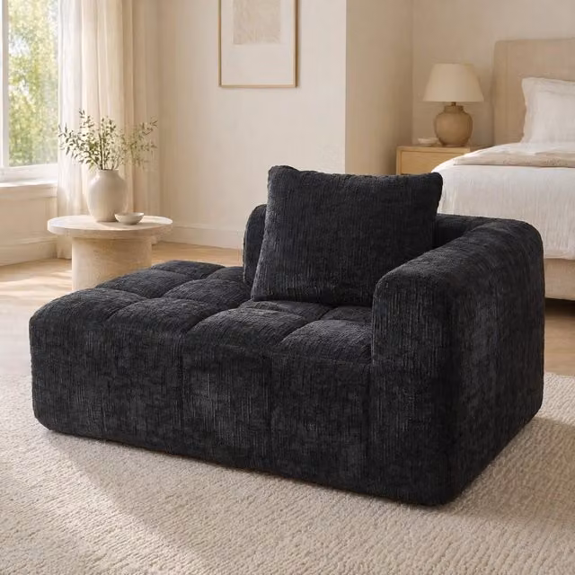 Divano chaise longue 158x90x60 cm nero in ciniglia con tasche laterali
