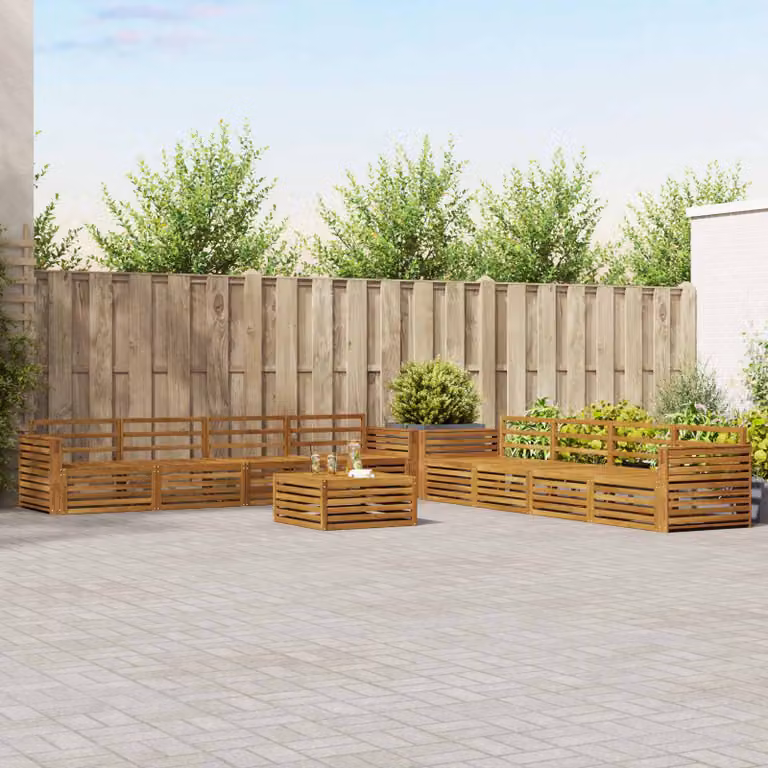 vidaXL Set di divani da esterno a forma di U composto da 9 pezzi in legno di acacia massello marrone con cuscini inclusi