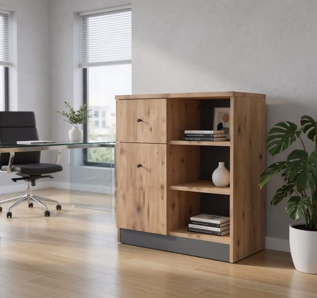 Mobiletto contenitore pratico in legno, con ripiani aperti e cassetti