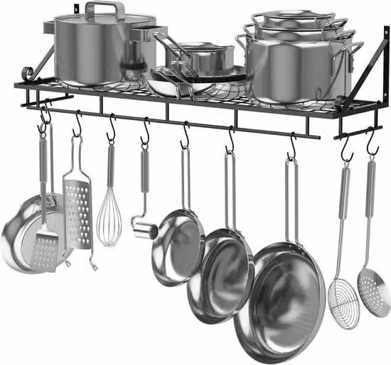 Supporto per pentola da cucina in acciaio nero da 90 cm con 10 ganci per appendere, fissaggio a muro.