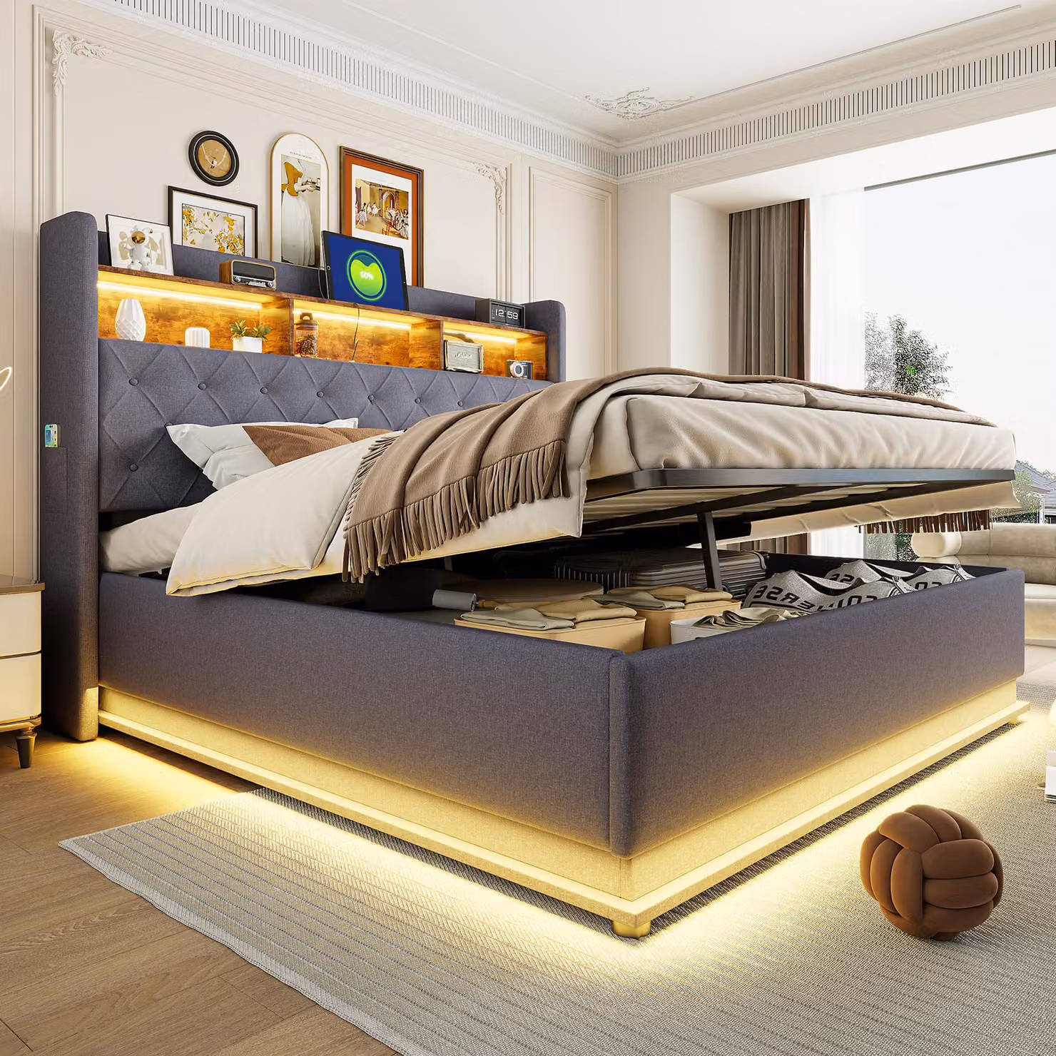 Letto imbottito 180 x 200 cm, letto contenitore con connessione di ricarica USB e spazio di archiviazione idraulico, tessuto di lino delicato sulla pelle, grigio