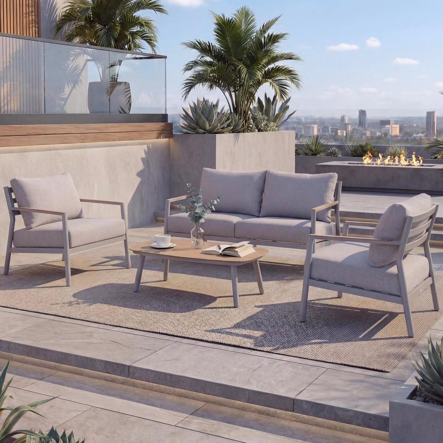 Set da giardino in alluminio HWC-P79, set lounge divano salotto giardino, tessuto/tessuto olefinico 210 g/m² ~ crema-beige