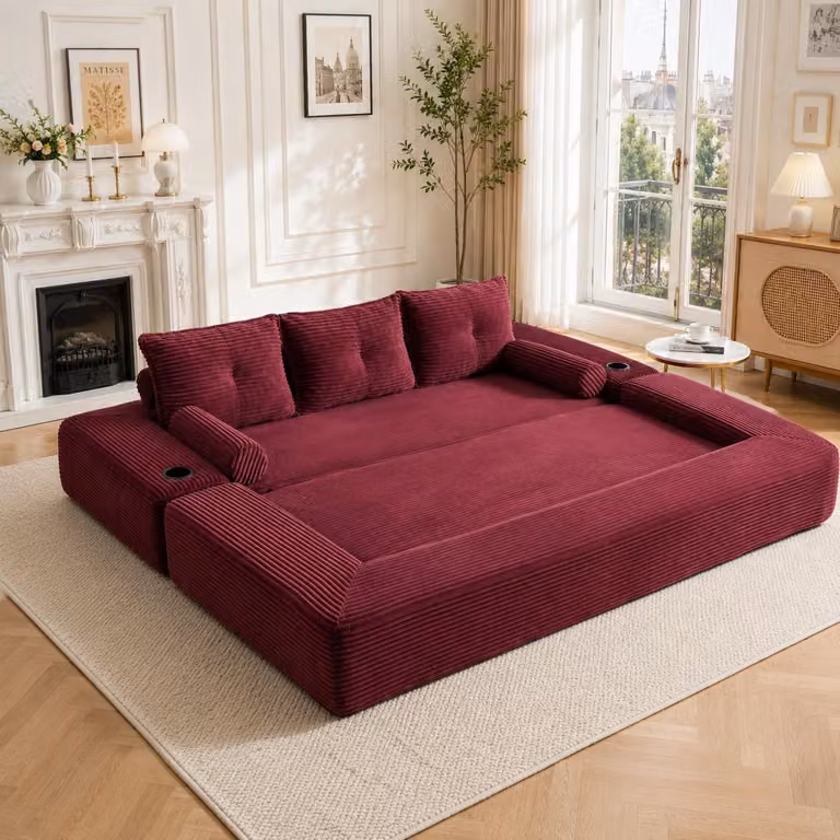 Poltrona relax MODFU con cuscino per lo schienale, tasche laterali e portabevande, divano a 3 posti in velluto, divano modulare con braccioli rimovibili, trasformabile in letto, color bordeaux