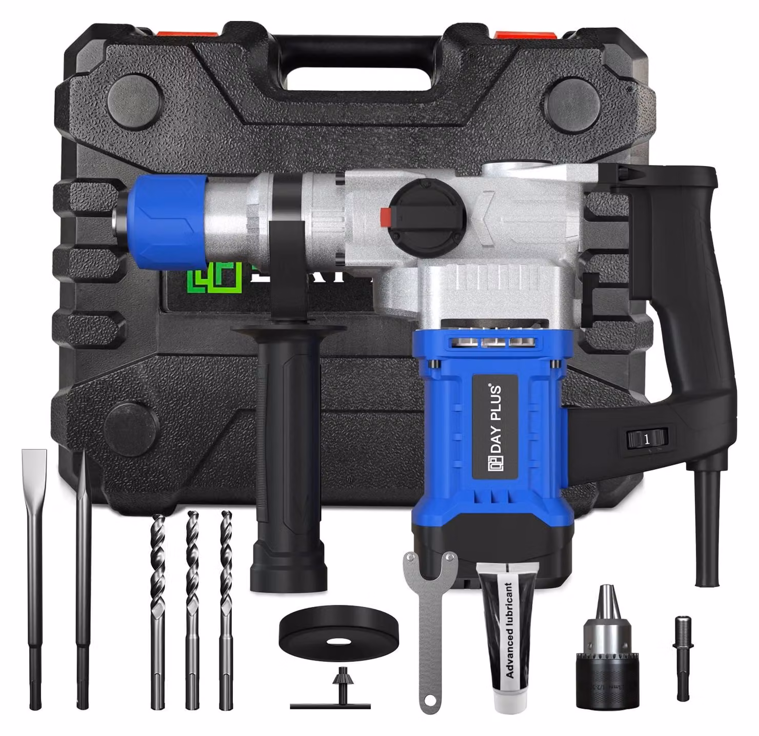 Martello perforatore - Trapano a percussione SDS-Plus - 1500 W - 4 funzioni - Impugnatura ausiliaria regolabile - Include punte e scalpelli - Colore: blu