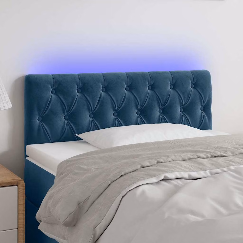 Testiera per letto vidaXL in velluto blu scuro con illuminazione LED e porta di ricarica USB, L 90 cm, P 7 cm, H 78-88 cm