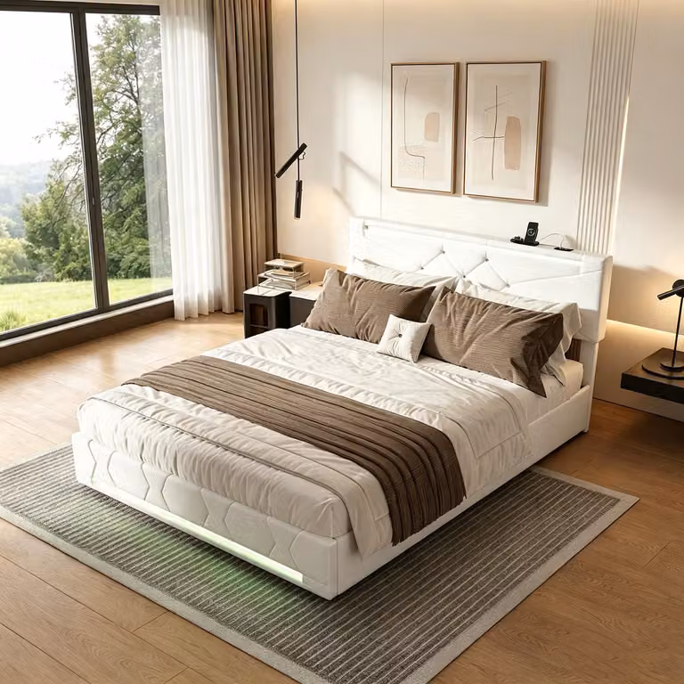 Letto contenitore con rete a molle INONEFT, 140x190 cm, imbottito con spazio contenitore ad apertura idraulica, letto matrimoniale per ragazzi con illuminazione LED e prese USB, colore beige lino
