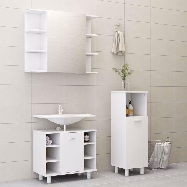 Set di mobili da bagno moderni vidaXL in 3 pezzi bianco in MDF con armadietto a specchio, mobile lavabo e pensile sospeso