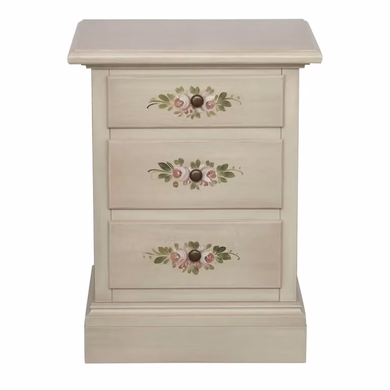 Comodino Mobili 2G in legno di pino stile shabby chic bianco anticato con 3 cassetti e decori floreali L: 50 cm, P: 38 cm, H: 65 cm