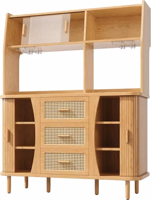 Buffet con ante scorrevoli in vetro e finitura paglia, mobile da cucina 174,5 cm in MDF e metallo, naturale effetto legno/noce