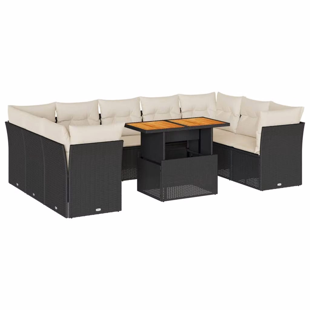Set Divani da Giardino 10pz con Cuscini in Polyrattan Nero