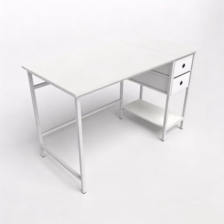 KOMFOTTEU Scrivania da ufficio, scrivania con 2 cassetti in tessuto e ripiano, tavolo da lavoro con struttura in metallo e 2 dispositivi antiribaltamento, scrivania per computer per studio, ufficio, home office, 120 x 60 x 75 cm, bianco/nero