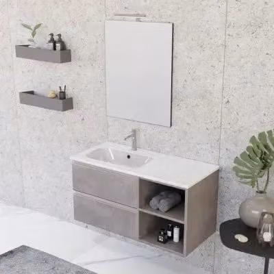 Mobile bagno sospeso Master INBAGNO grigio opaco con lavabo a sinistra, vani a giorno, cassetti e specchio con illuminazione LED L: 101 cm, P: 46 cm, H: 75 cm
