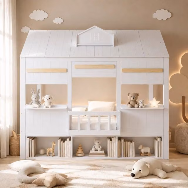 Letto a soppalco per bambini a forma di casa con libreria; 90x200 cm; bianco