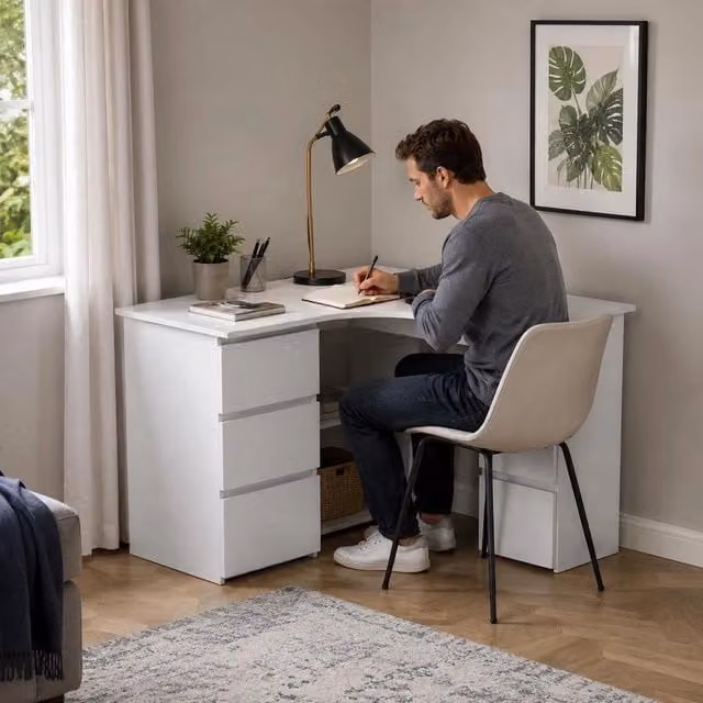 Corner Desk, White, 145x100x76 Cm, Wood-based Material