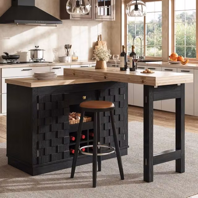 Tavolo da pranzo allungabile con mobile contenitore, cassetto e portabottiglie estraibile, nero, 120-197 × 40 × 74,2 cm