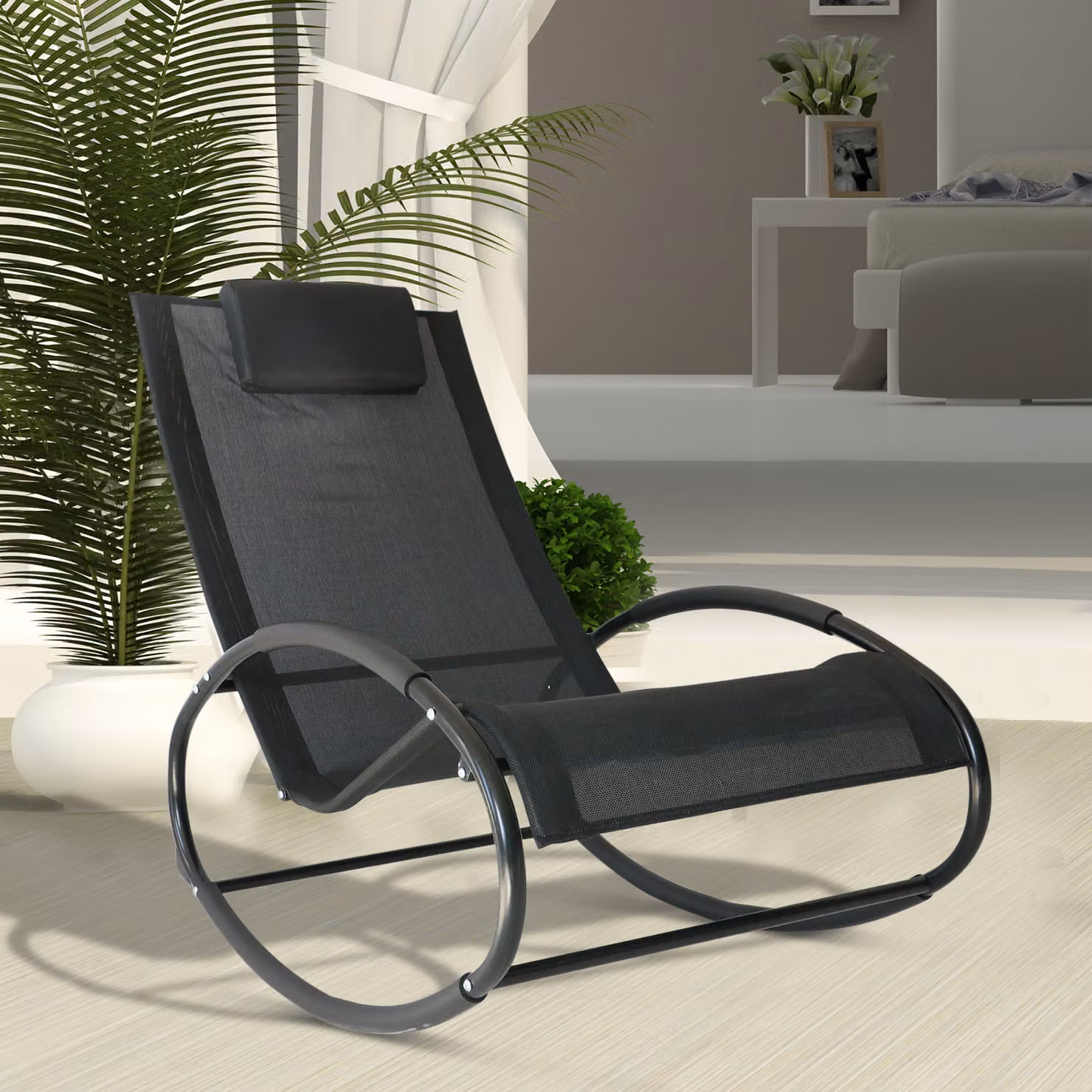 Sedie a dondolo da esterno Outsunny con telaio in acciaio verniciato e rivestimento in textilene, colore nero – 2