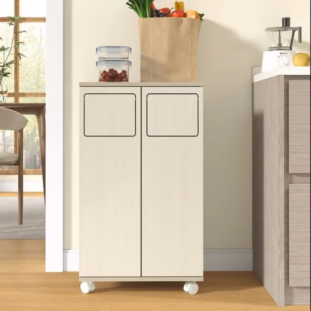 Desviae Mobile per raccolta differenziata a 2 scomparti con due ante e ruote bloccabili in MDF bianco 46,7 × 35 × 80 cm