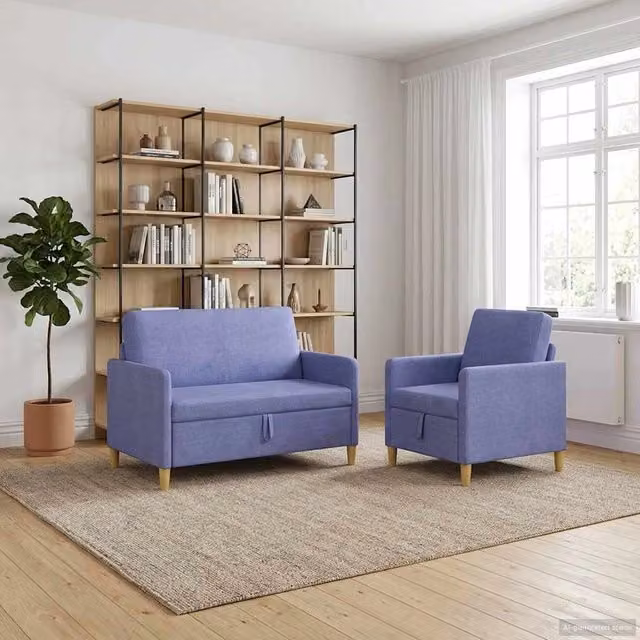Set di 2 divani moderni vidaXL con contenitore e seduta sollevabile in tessuto blu e marrone per soggiorno