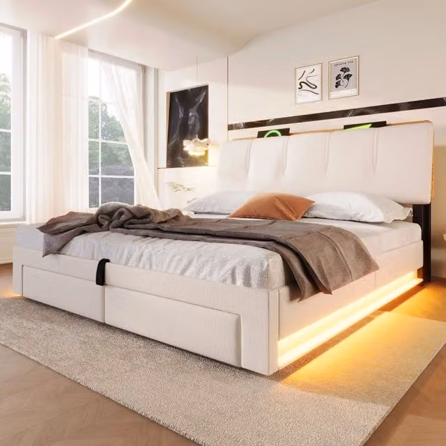 Letto contenitore OKWISH in lino beige con vano idraulico, illuminazione LED, porte USB e Tipo C, L/P: 140 x 200 cm
