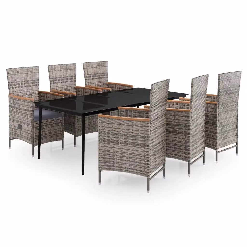 Set da pranzo da giardino vidaXL in polyrattan con tavolo in vetro e cuscini, 7 pezzi, grigio e nero – 2