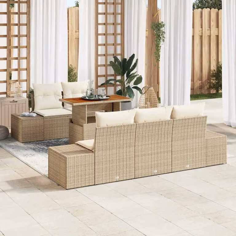 Set Divano da Giardino vidaXL 6 pz in Polyrattan Beige con Cuscini e Tavolino