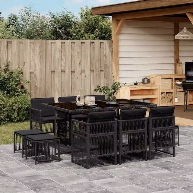 Set da Pranzo da Giardino 11 pz con Cuscini in Polyrattan Nero 3210967