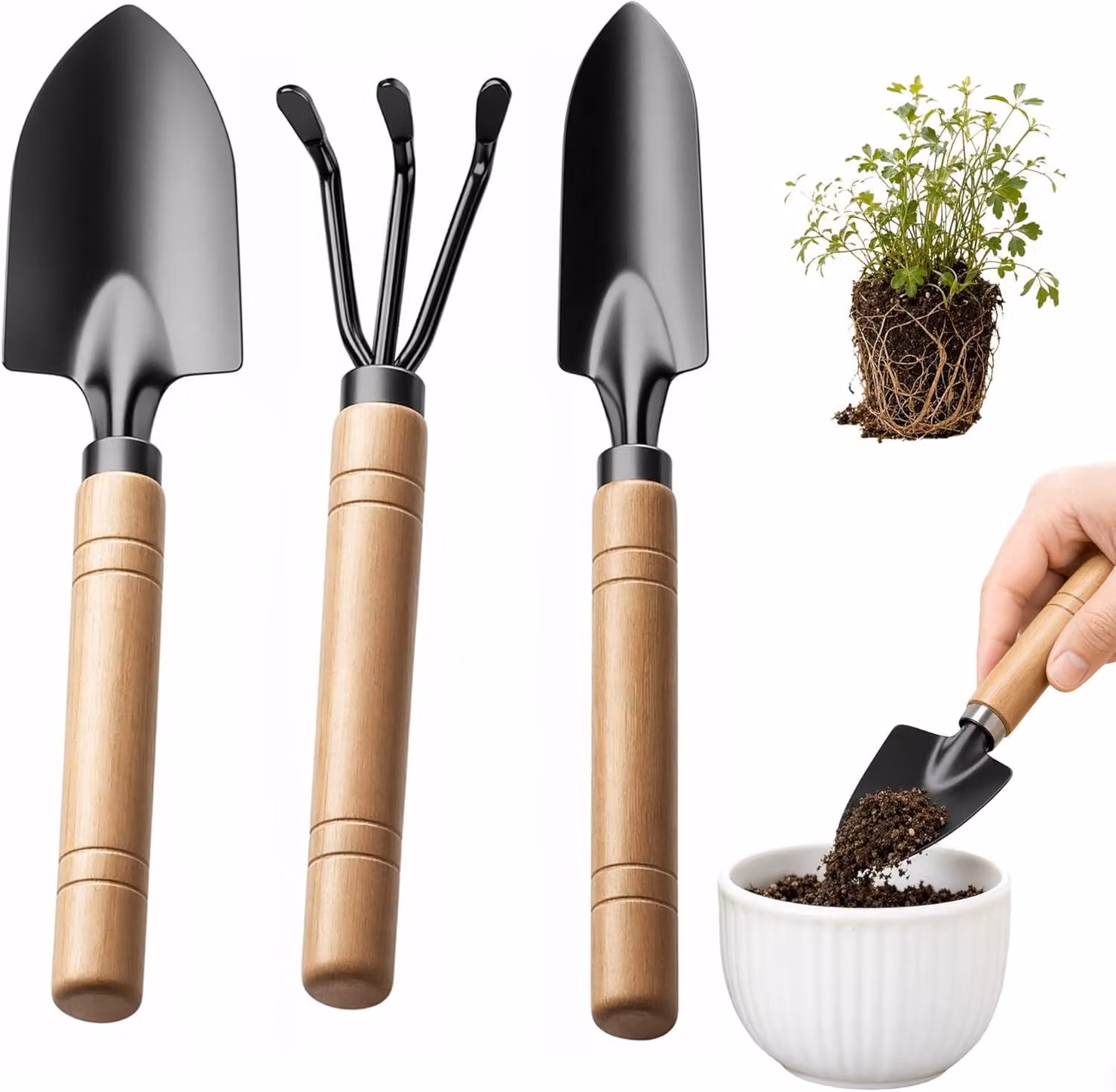Set di mini-utensili da giardino, composto da 3 pezzi, con manici in legno: una paletta larga, una paletta stretta e un coltivatore, ideali per la cura dei bonsai