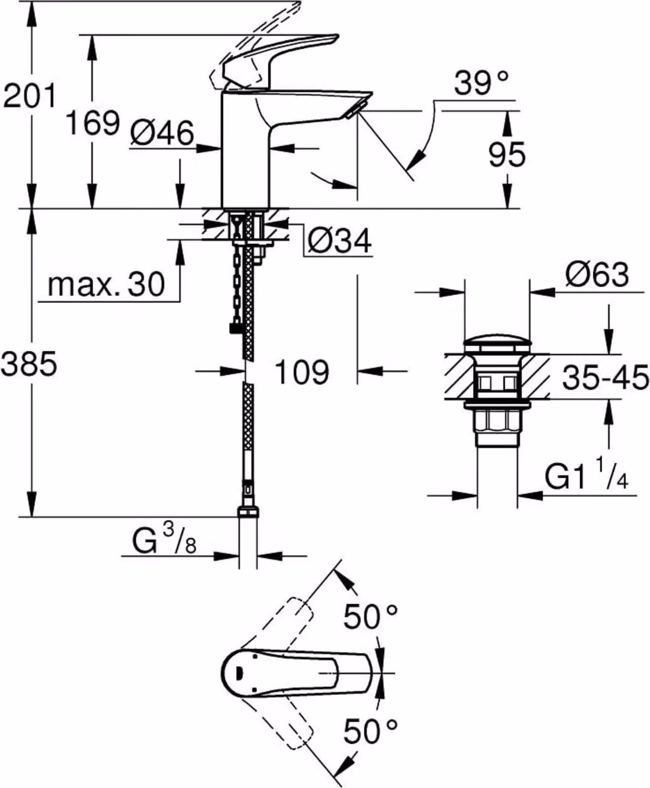 Grohe Eurosmart Mitigeur monocommandé pour lavabo, S-Size, saillie 109mm, vidage Push-Open, sécurité anti-brûlure thermique, 23988003, 23988003