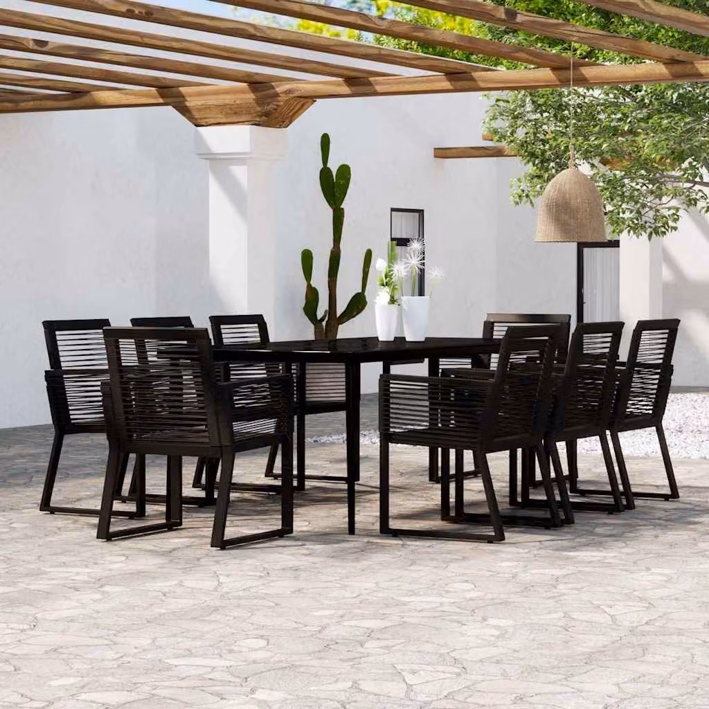 Set da Pranzo per Giardino vidaXL in Acciaio Nero con Cuscini e Tavolo in Vetro, 9 Pezzi