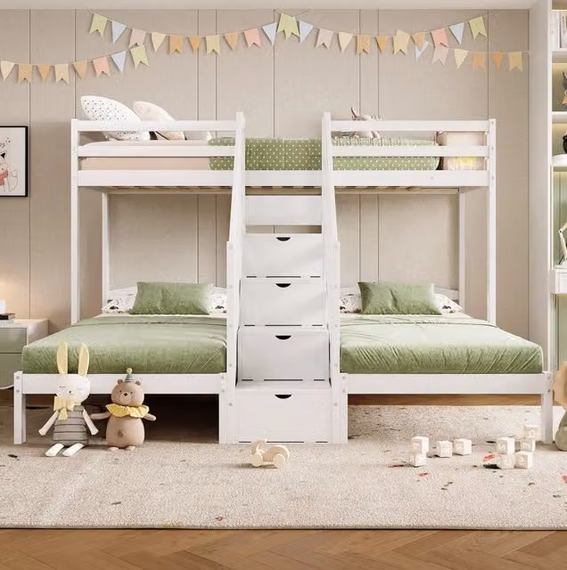 Letto a soppalco triplo ULEVR 90x200 cm con scala contenitore e cassetti, sponde di sicurezza, bianco