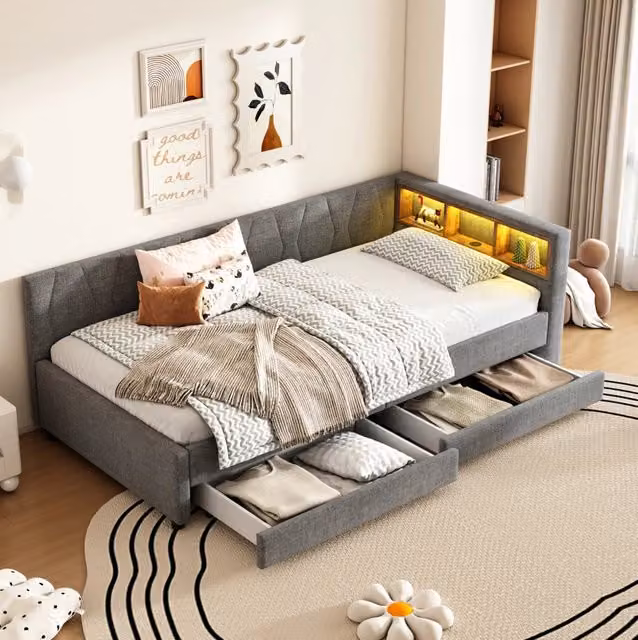 Divano letto 90x200 cm con LED; USB e Type C; in lino e MDF grigio (Senza materasso)