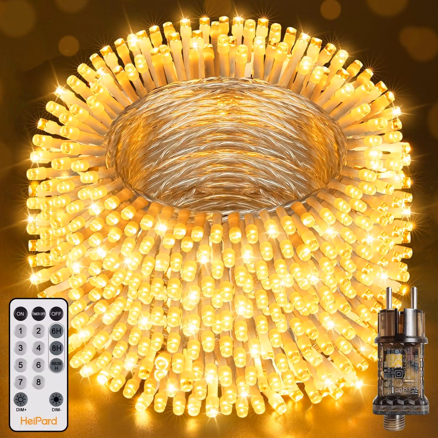 Catena luminosa con 1000 LED, lunghezza 100 metri, luce bianco caldo, con telecomando, 8 modalità, timer