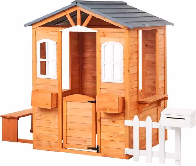 Casetta da giardino in legno di abete chiaro per esterni con panchina e cassetta postale