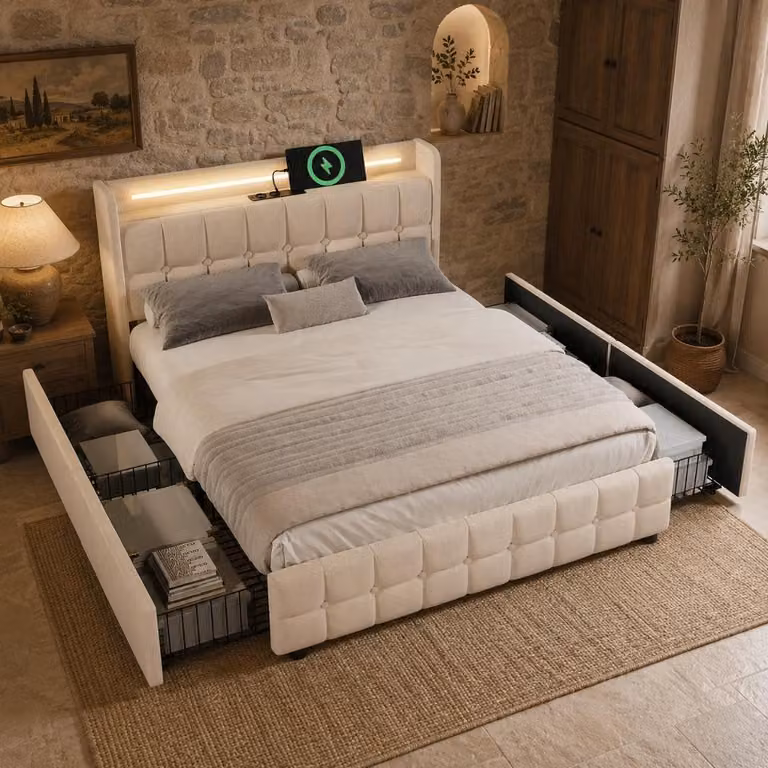 Letto imbottito 180x200 cm con illuminazione a LED, testiera dotata di 2 prese USB e 2 prese di corrente, oltre a 4 cassetti. Struttura del letto con rete a listelli in legno. Colore: beige
