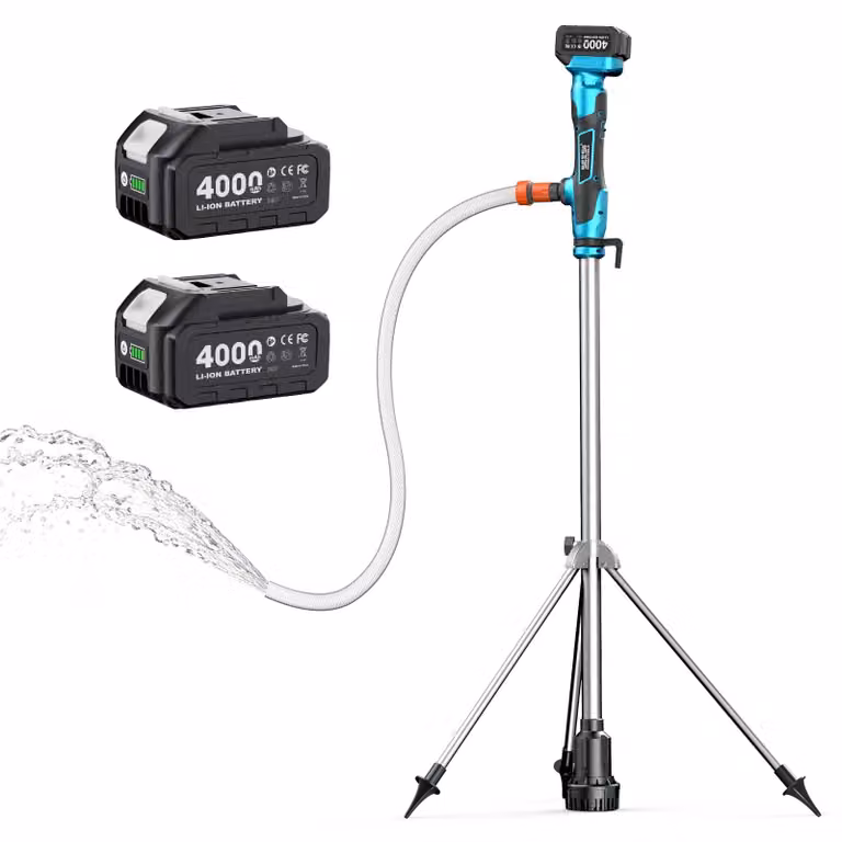 Pompa sommergibile a batteria per acque pulite, con stativo, portata 2725 l/h, altezza massima di sollevamento 5 metri, alimentazione 2 batterie da 4,0 Ah