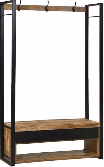 Appendiabiti con panca e cassetto vidaXL in legno di mango e metallo, stile industrial, marrone, H: 179 cm, L: 110 cm, P: 40 cm