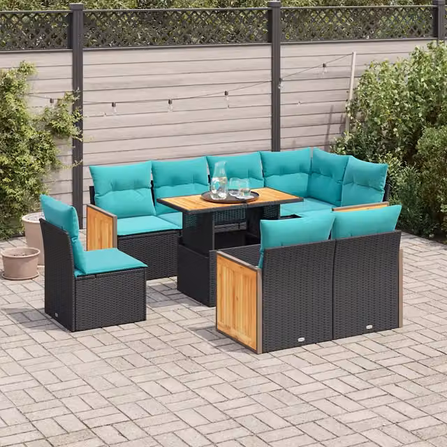 Set Divani da Giardino 9 pz con Cuscini Nero Polyrattan Acacia 3327725