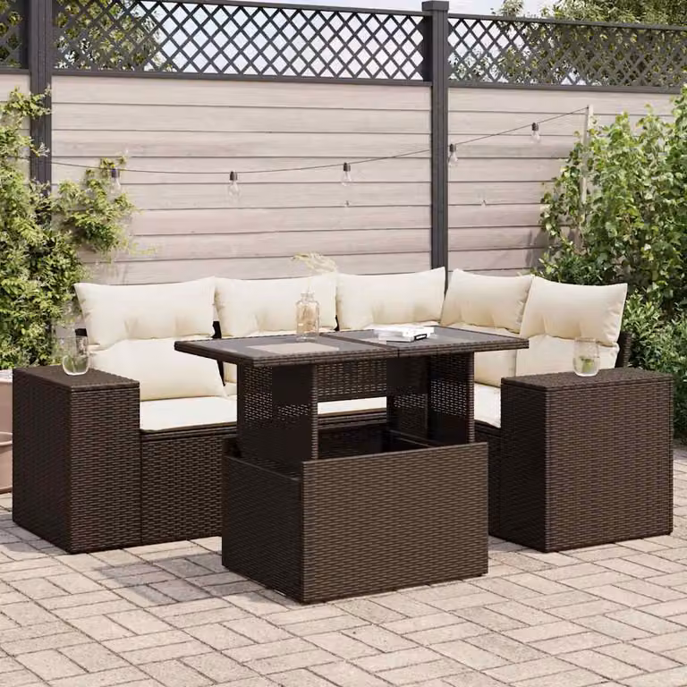 Set Divano da Giardino vidaXL 5 pz in Polyrattan Marrone e Bianco con Cuscini e Tavolino da Esterno a Forma di L