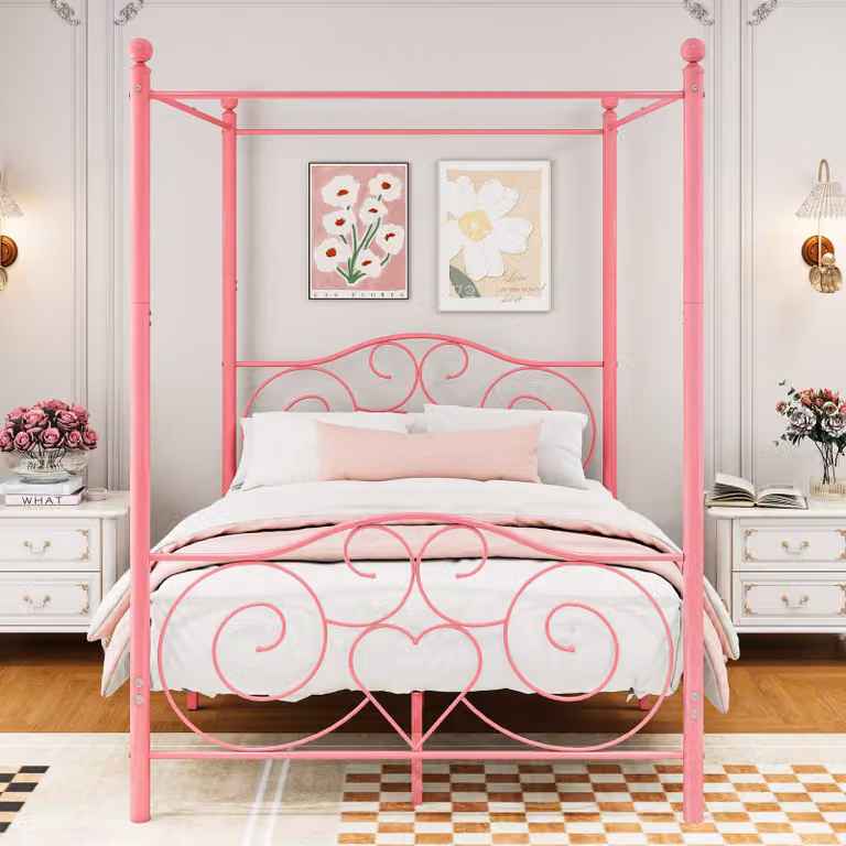 Struttura per letto a baldacchino, dimensioni 140x200 cm, in metallo, color rosa, con doghe in acciaio
