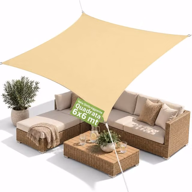 Vela Ombreggiante Quadrata Zendea Beige in Poliestere Idrorepellente con Protezione UV L/P: 600 x 600 cm