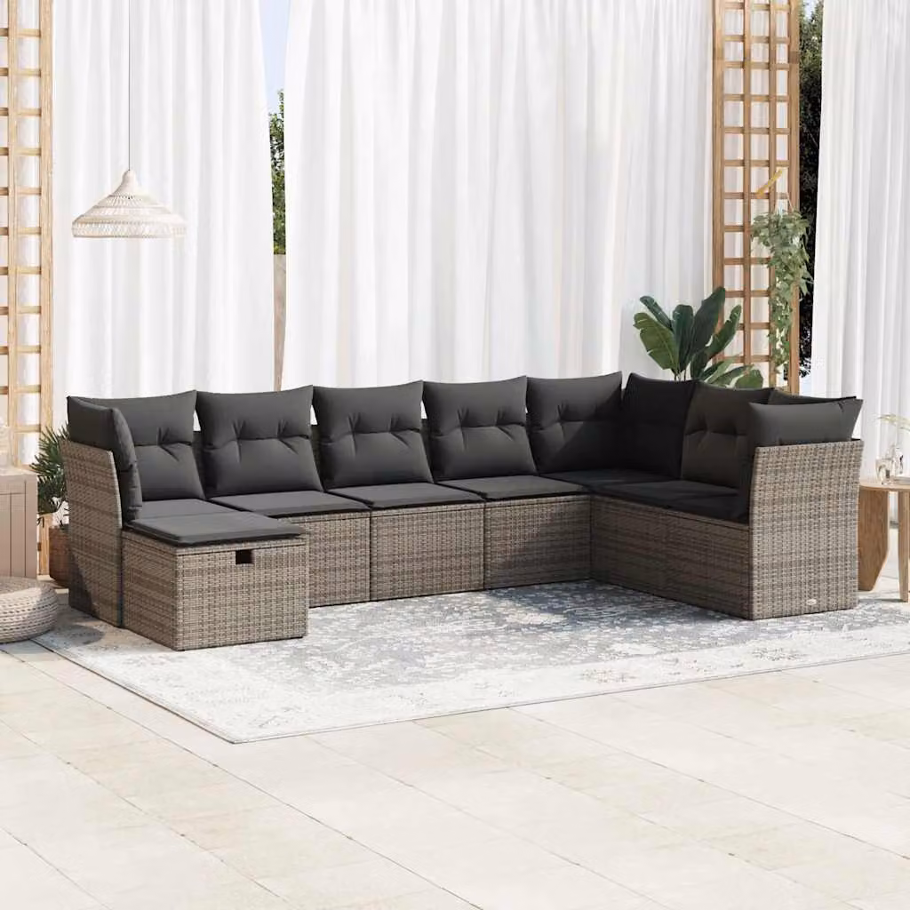 Set Divano da Giardino vidaXL 8 pz in Polyrattan Grigio con Cuscini e Copertura