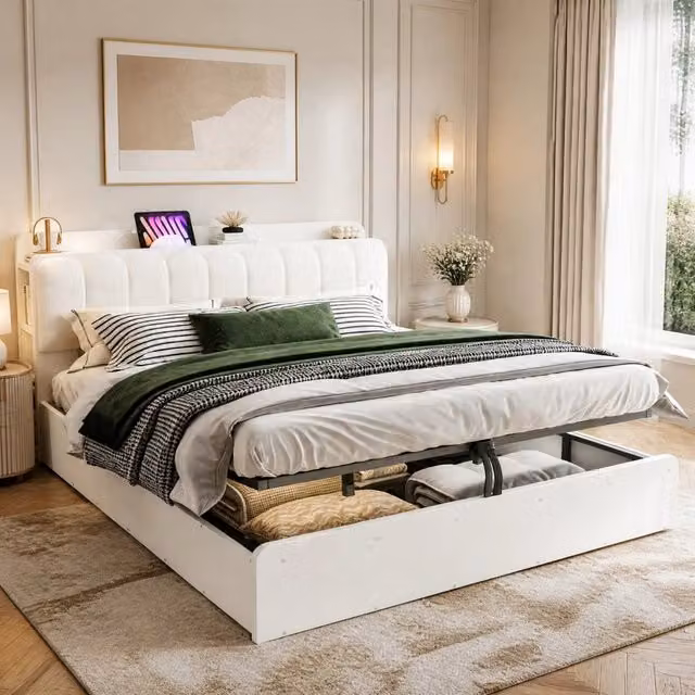 Letto contenitore ULEVR 180x200 cm con sollevamento idraulico, USB, luce notturna e testiera imbottita bianca