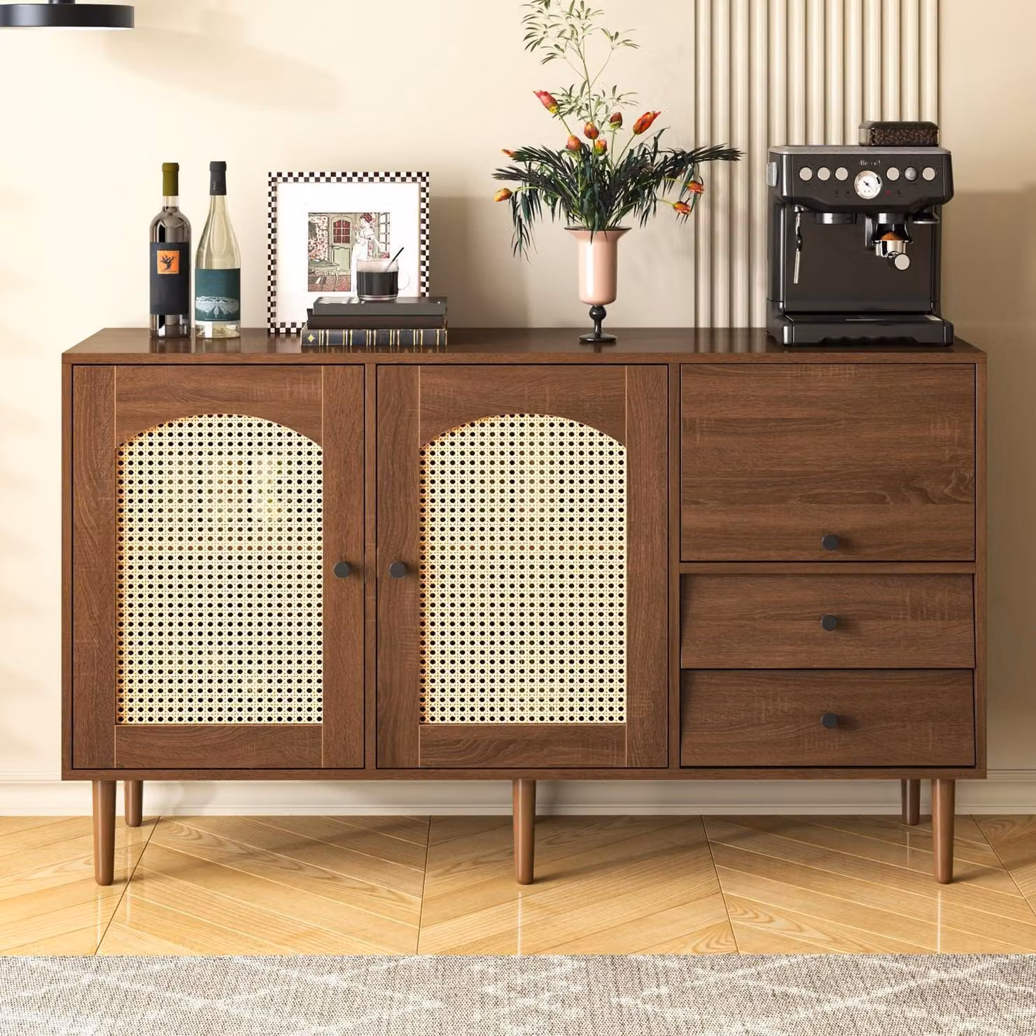 Credenza in rattan con 3 cassetti, 2 ante, gambe in legno, stile boho, dimensioni 130x40x75,5 cm